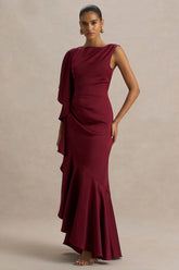 Rosy Burgundy Satin Boat Neck Maxi Dress With Front Split And Ruffled Detailing