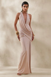 Junia Champagne Plunge Neck Wrap Maxi Dress