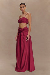 Scottie Gathered Linen Knot Maxi Skirt Wine