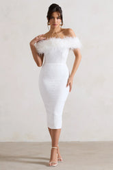 Maiden White Lace Bardot Midi Dress With Feather Trim