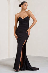 Elene Black Pleated Split Fishtail Maxi Dress