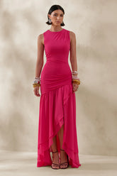 Noelia Hot Pink High Neck Maxi Dress With Ruffled Detailing