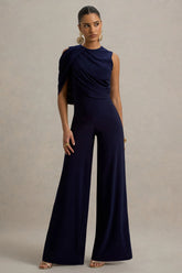 Opulence Navy Jumpsuit With Cape Sleeve and Draped Details