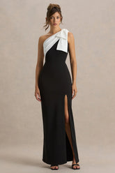 Kiri Black White One Shoulder Bow Maxi Dress