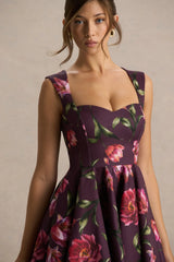 Magic Burgundy Floral Print Sweetheart Neck Mini Dress