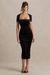 Chrissy Black Velvet Square Neck Midi Dress With Mesh Sleeves And Ruched Detailing