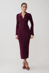 Amirose Ruffle Knit Midi Dress Plum