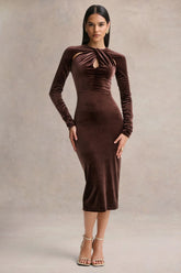 Francine Brown Velvet Round Neck Midi Dress With Cut Out Details
