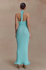 Melodie Halter Knit Maxi Dress Cyan Blue