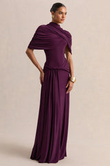 Evelisse Plum High Neck Maxi Dress With Short Cape Sleeves