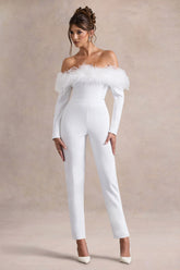 Ales White Bardot Tailored Straight Leg Jumpsuit With Feather Trim
