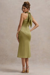 Violette Olive Satin High Neck Split Midi Dress