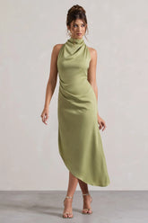Sophina Light Olive Satin Cowl Neck Asymmetric Midi Dress