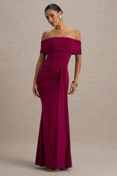 Delma Burgundy Bardot Maxi Dress With Drape Detail