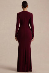 Command Burgundy Plunge Neck Maxi Dress With Front High Split