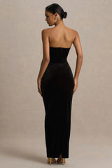 Illusion Black Velvet Bandeau Maxi Dress With Bow Detail
