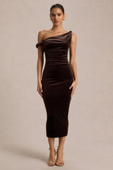 Carella Brown Velvet Twisted Asymmetric Midi Dress