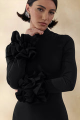 Jaselle Black High Neck Maxi Dress With Ruffled Satin Cuffs