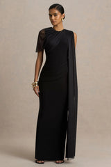 Brenda Black Crew Neck Maxi Dress With Mesh Cape And Sash