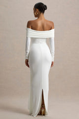 Jovie White Bardot Wrap Maxi Dress With Sash Detail
