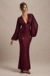 Kaelin Berry Sequin Plunge Neck Maxi Dress