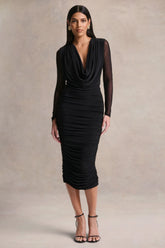 Griselda Black Plunge Neck Midi Dress With Sheer Long Sleeves