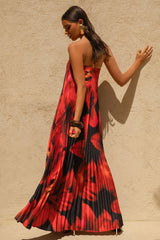 Bergamot Black And Red Floral Print Satin Sweetheart Maxi Dress