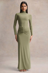 Persis Olive High Neck Maxi Dress With Gathered Detailing