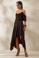 Helira Brown Asymmetric Midi Dress With Draping Detailing and Open Back