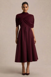 Thalia Burgundy High Neck Midi Dress With Sheer Mesh Cape