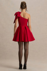 Prosperity Red Asymmetric Neck Mini Dress With Bow Detail