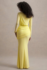 Deanna Lemon Asymmetric Long Sleeve Ruched Maxi Dress