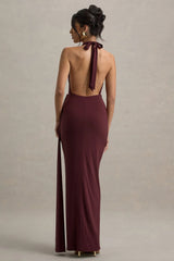 Rosina Burgundy Halter Neck Draped Maxi Dress With Sash