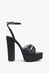 Crystal Cut Black Strappy Heeled Platform Sandals With Diamante Buckles