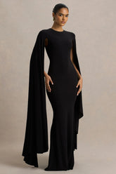 Briony Black Crew Neck Maxi Dress With Cape Sleeves