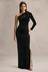 Farryn Black Asymmetric Neck Maxi Dress With Bow Detail