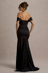 Anders Black Satin Bardot Maxi Dress With Sheer Skirt
