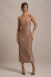 Lilabelle Rose Gold Plisse Sequin Bandeau Midi Dress