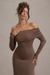 Romina Mocha Rib Knit Bardot Maxi Dress With Asymmetric Hem