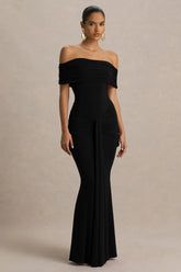 Envisioned Black Bardot Neck Maxi Dress With Gathered And Drape Detail