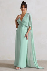 Fairytale Sage Plunge Neck Chiffon Maxi Dress With Cape Sleeve