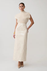 Thalia Croc Faux Leather Midi Skirt Ivory