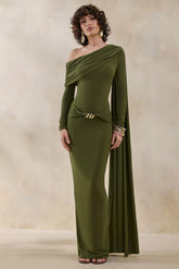 Bessy Green Asymmetric Neck Maxi Dress With Gathered Detailing And Sash