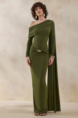 Bessy Green Asymmetric Neck Maxi Dress With Gathered Detailing And Sash