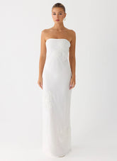 Sassafras Beaded Flower Strapless Maxi Dress White
