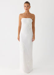 Sassafras Beaded Flower Strapless Maxi Dress White