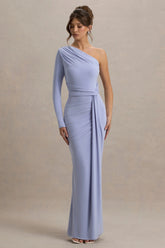 Sanya Pale Blue Asymmetric One Sleeve Wrap Maxi Dress with Drape