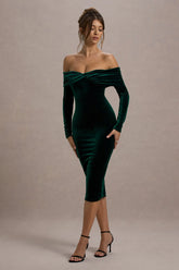 Compliment Bottle Green Velvet Bardot Midi Dress