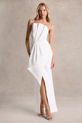 Dreamy Whispers Cream Strapless Ruffle Split Maxi Dress