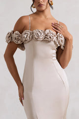 Petunia Champagne Satin Floral Bardot Midi Dress